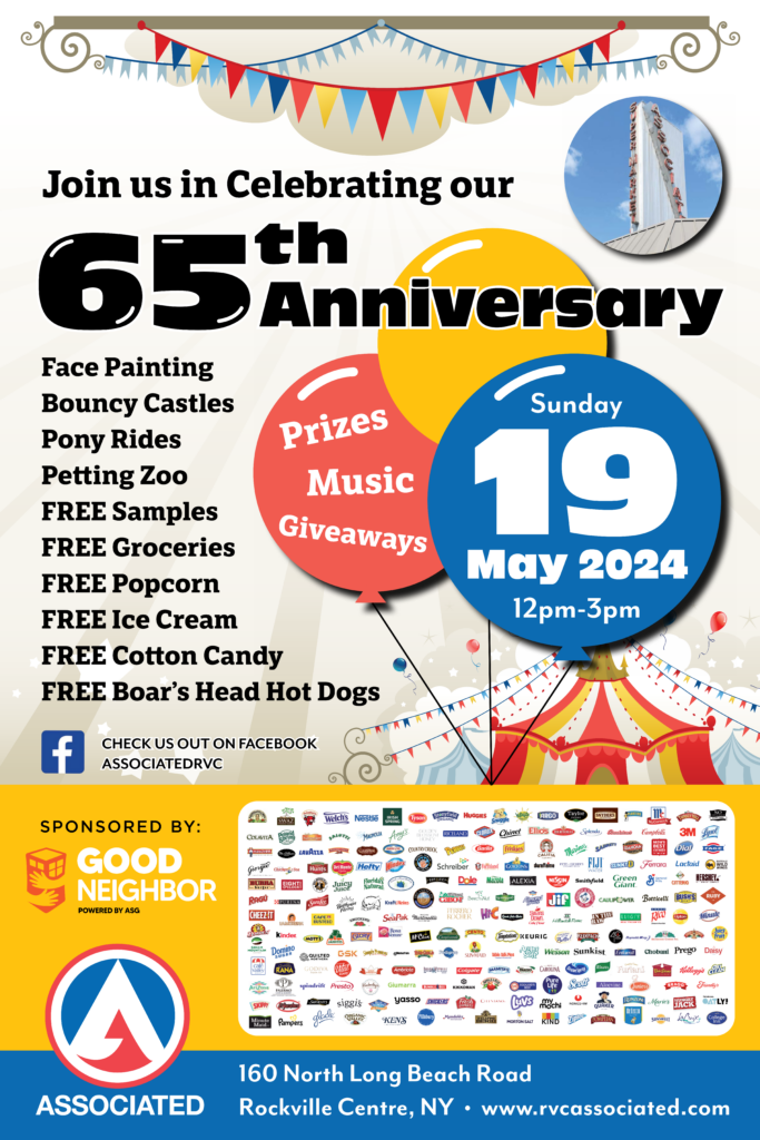 Join Us in celebrating our 65th anniversary Sunday may 19th 12pm to 3pm. Prizes, music giveaways. Face painting ,bounce castles, pony rides, petting zoo. Free samples, groceries, popcorn, ice cream ,cotton candy and boars head hot dogs